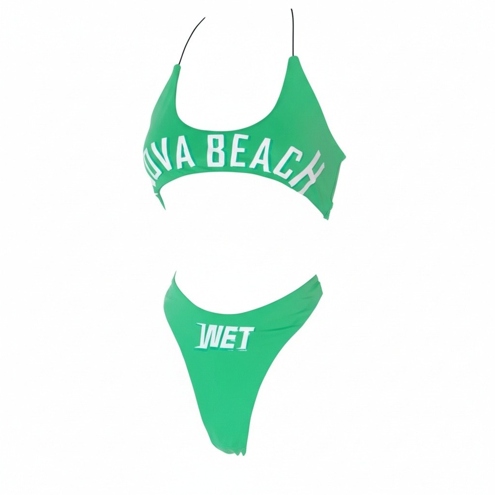 New Small Fashion Nova Beach Green Splash 2 Piece Bikini Retro Curve Thong Wet